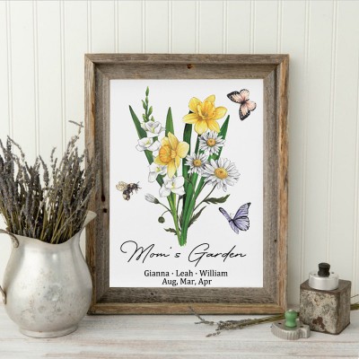 Custom Mom's Garden Birth Flower Family Bouquet Wood Sign Art With Kids Name For Christmas Day Gift Ideas