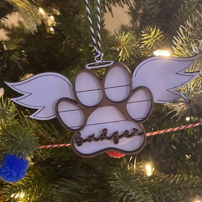 Personalized Wood Pet Paw Memorial Ornament with Wings Name Engraved