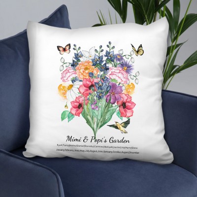 Custom Birth Flower Family Bouquet Pillow With Grandkids Name For Christmas Mother's Day