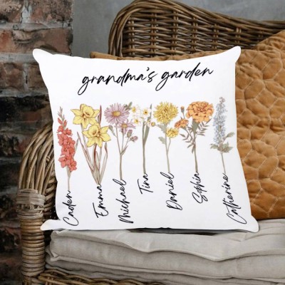 Personalized Grandma's Garden Birth Flower Pillow With Grandkids Name For Mother's Day