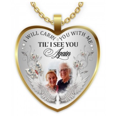 Personalized I Will Carry You With Me Til' I See You Again Memorial Heart Photo Necklace