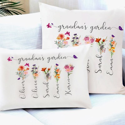 Personalized Grandma's Garden Pillow Birth Month Flower With Grandkids Name For Mother's Christmas Day