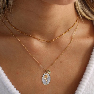 Personalized Dainty Birth Month Flower Mother Shell Gold Necklace With Birthstone For Mom