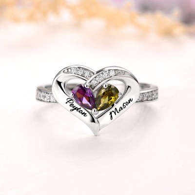 S925 Sterling Silver Personalized Birthstone Couple 2 Names Ring For Her