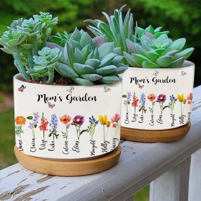 Custom Mom's Garden Plant Pot With Kids Name and Birth Month Flower For Mother's Day