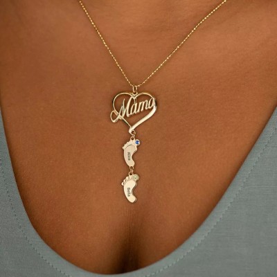Personalized Mama Heart Baby Feet Pendant Birthstone Name Necklace with 1-10 Charms