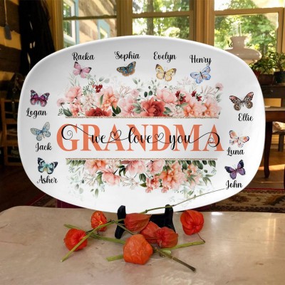 Personalized Grandma Butterfly Flower Platter With Grandkids Name For Mother's Day Christmas