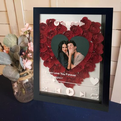 Personalized Song Heart Flower Shadow Box With Couple Photo For Wedding Anniversary Valentine's Day