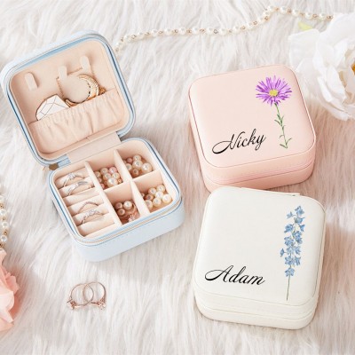 Personalized Birth Flower Jewelry Travel Boxes Case With Name