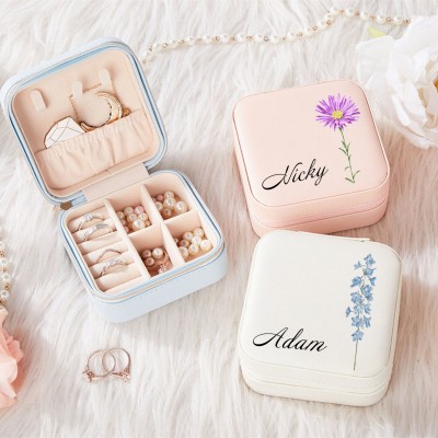 Personalized Birth Flower Jewelry Travel Box Bridesmaid Gift Case With Name