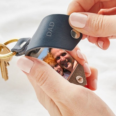 Personalized Black Leather Photo Keychain Key Ring Gifts For Dad Father's Day
