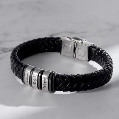 Personalized Mens Beads Braid Name Leather Bracelets With 1-10 Beads