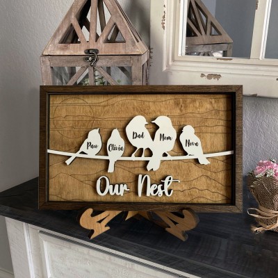 Bird Family Wood Sign Our Nest With Name Engraved Home Decor Custom Gift for Mother's Day Christmas