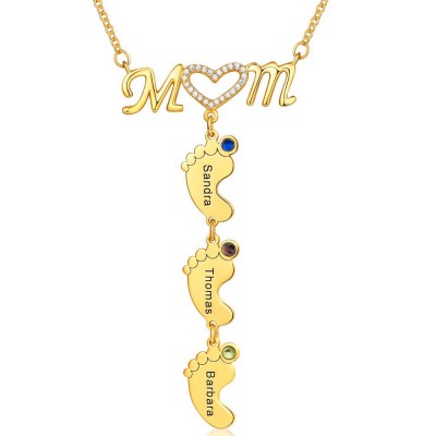 Personalized Mom BabyFeet Name Birthstones Necklace With 1-10 Charms Pendants