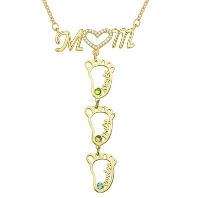 Personalized 1-10 Hollow BabyFeet Name Mom Necklace With Birthstones