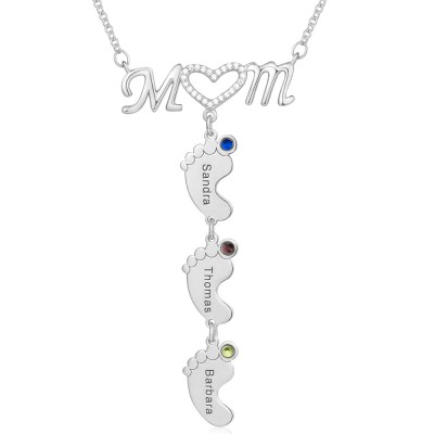 Silver Personalized Mom BabyFeet Name Birthstones Necklace With 1-10 Charms Pendants