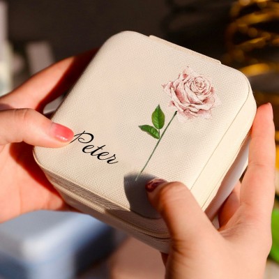 Personalized Birth Flower Jewelry Travel Box Bridesmaid Gift Case With Name