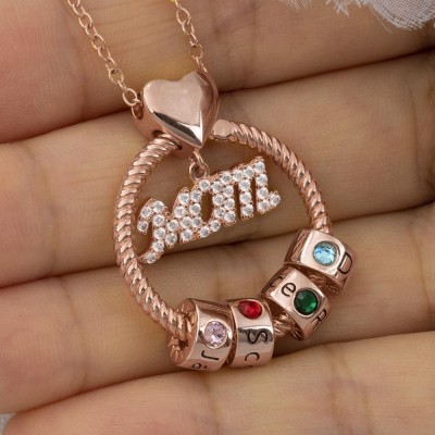 18K Rose Gold Plating Linda Circle Pendant Necklace With Engraved Name Beads Mom Birthstone Gift