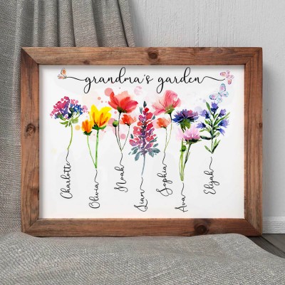 Personalized Grandma's Garden Frame With Grandkids Names and Birth Month Flower For Mother's Day