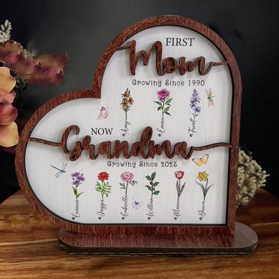 First Mom Now Grandma Custom Birth Flower Wooden Sign Home Decor For Mother's Day Gift