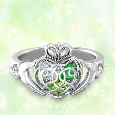 S925 Sterling Silver Personalized Caged Hearts Celtic Claddagh Ring with 1-6 Birthstones