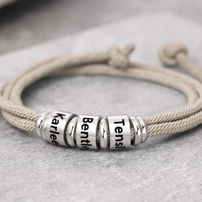 Mens Personalized Engraved Name Beads Bracelet With 1-10 Beads