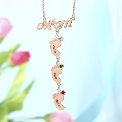 Personalized BabyFeet Mom Name Necklace With Birthstones 1-10 Charms Pendants