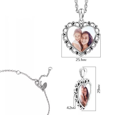 S925 Silver Engraved Heart Photo Necklace