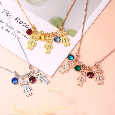 Personalized 1-12 Kids Charms Pendants Names Engraved Necklace With Birthstone