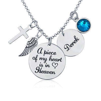 Personalized Engraved A Piece Of My Heart Is In Heaven Name Memorial Necklace With Birthstone