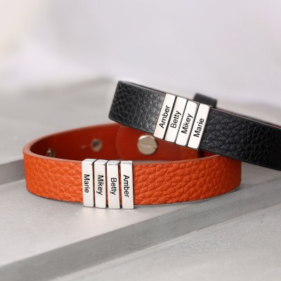 Personalized Dad And Children's 1-11 Name Engraving Bead Leather Black Bracelet