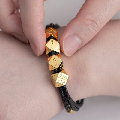 18K Gold Plating Men's Braided Leather Bracelet With Polyhedral Custom Beads
