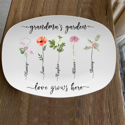 Personalized Grandma's Garden Platter With Grandkids Name and Birth Month Flower For Mother's Christmas Day