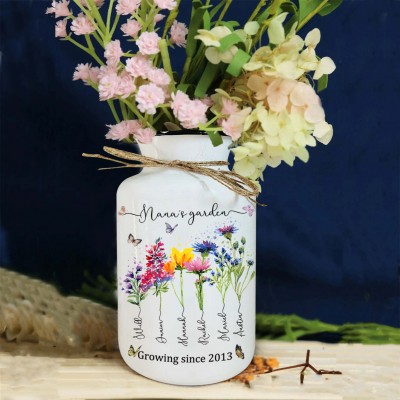 Custom Nana's Garden Vase With Kids Name and Birth Month Flower For Mother's Day Gift