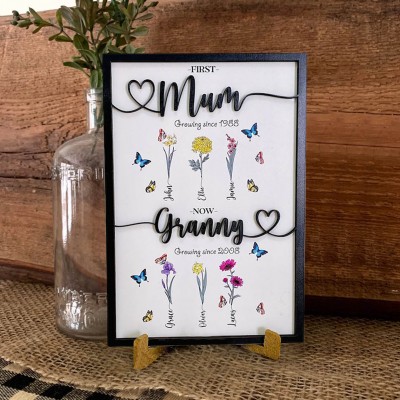 First Mom Now Grandma Custom Birth Flower Wood Sign Home Decor For Mother's Day Gift