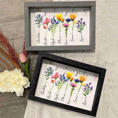 Personalized Grandma's Garden Frame Sign With Grandkids Names and Birth Flower Unique Mother's Day Gift