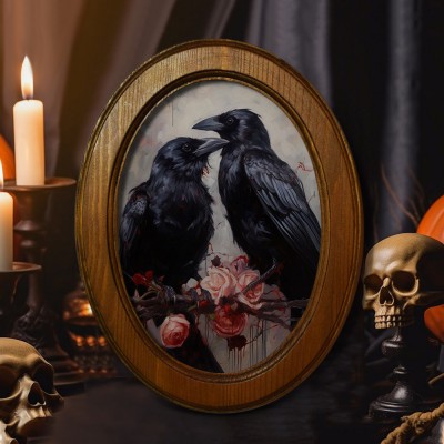 Halloween Vintage Gothic Romantic Raven Couple Wood Frame Home Living Decor