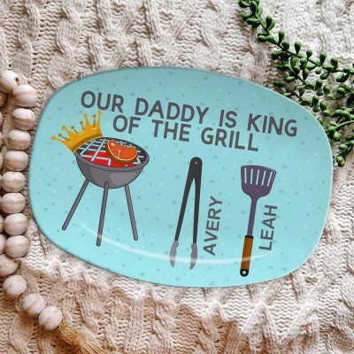 Personalized BBQ Dad Plate With Kids Name Our Grandpa Is King Of The Grill For Father's Day
