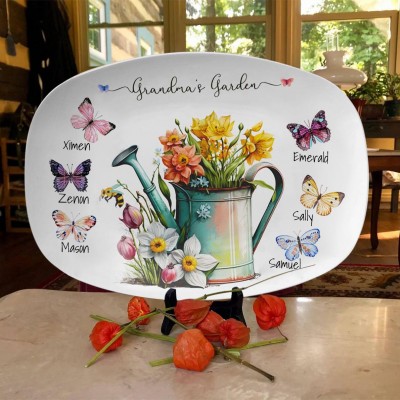 Personalized Grandma's Garden Butterfly Flower Platter With Grandkids Name For Mother's Day Christmas