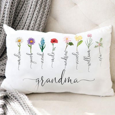 Personalized Grandma's Garden Pillow With Grandkids Names & Birth Month Flowers For Mother's Day