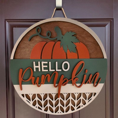 Hello Fall Pumpkin Door Hanger Farmhouse Entry Way Wall Home Decor