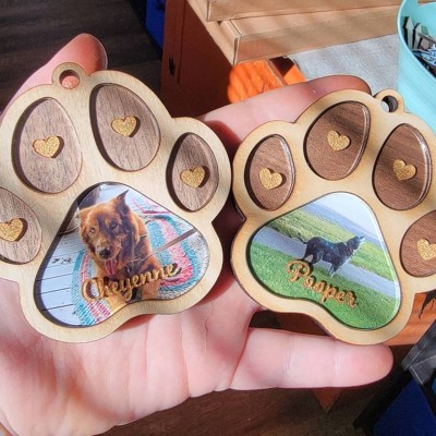 Personalized Wood Pet Paw Ornament With Photo Name Engraved