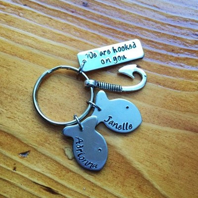 Father's Day Personalized Fishing Keychain With Kids Names Hooked on Dad