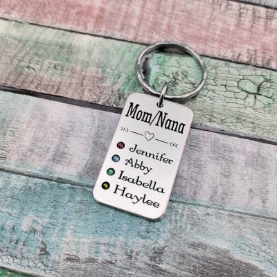 Personalized 1-15 Name Engraving with Birthstone Key Chain Keyring Necklace For Mom Nana Mother's Day Gift