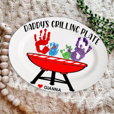 Personalized BBQ Daddy's Grilling Plate With Handprints For Father's Day