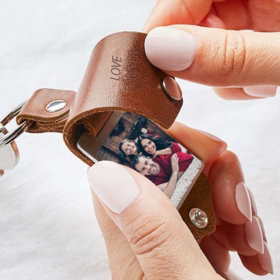 Personalized Brown Leather Photo Keychain Key Ring Gifts For Dad Father's Day