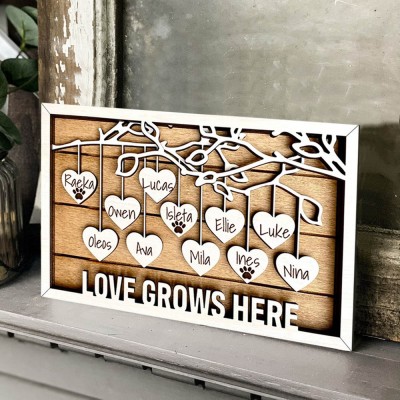 Custom Wooden Family Tree Sign With Name Engraved Home Decor For Mother's Day Christmas Love Grows Here
