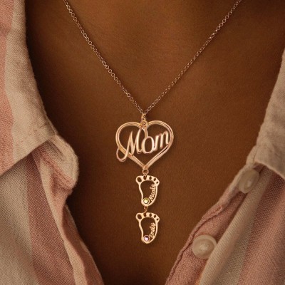 Silver Personalized MOM Heart Pendant Birthstones Name Necklace with 1-10 Hollow BabyFeet Charms