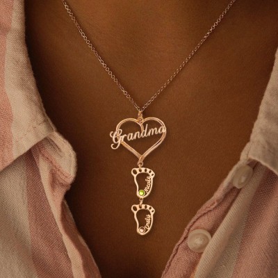 Personalized Grandma Heart Pendant Birthstones Name Necklace with 1-10 Hollow BabyFeet Charms