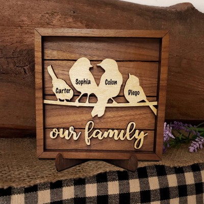 Custom Bird Family Wood Sign With Name Engraved Home Decor Gift for Mother's Day Christmas